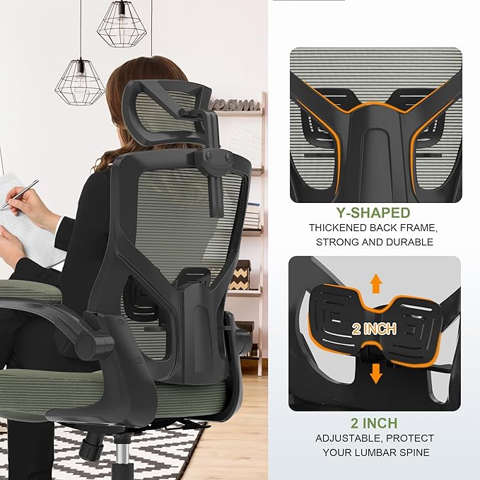 Home Office Chair, Ergonomic Comfy Desk Chair, High Back Computer Chair- Adjustable Headrest with Flip-Up Arms, Lumbar Support, Swivel Executive Task Chair (Hunter Green, Modern)