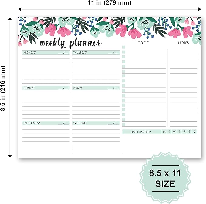 Weekly Planner Pad, 52 Letter Size Tear Off Sheets, 8.5” x 11” Undated Calendar Weekly Desk Planner Notepad, Daily Schedule Priorities To Do List for Week (Style 1)