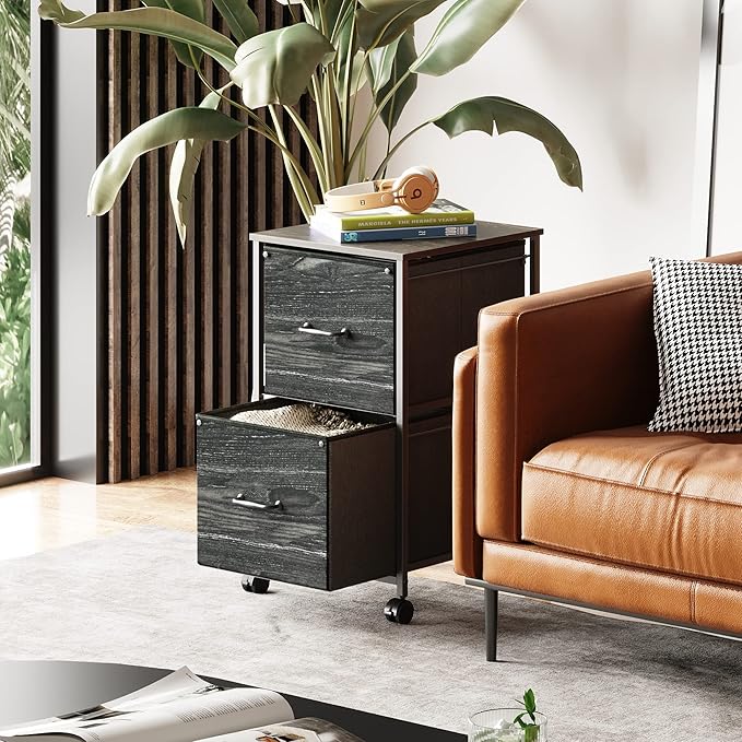 DEVAISE 2 Drawer Mobile File Cabinet, Rolling Printer Stand, Fabric Vertical Filing Cabinet fits A4 or Letter Size for Home Office, Charcoal Black Wood Grain Print