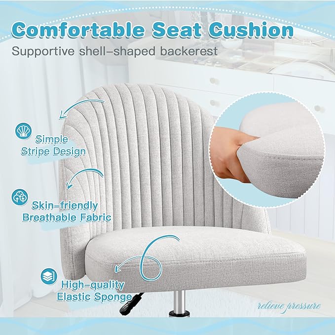 Furniwell Office Chair Armless Cute Desk Chair Modern Adjustable Swivel Padded Fabric Vanity Task Computer Chair Home Office Desk Chairs with Wheels (Grey)