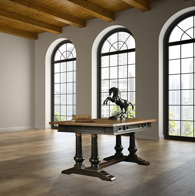 Hekman Furniture Trestle Desk - Vintage Wooden Home Office Desk with Three Drawers Leather Inset Antique Brass Hardware Timeless Classic Design for Modern Functional Executive Workspace