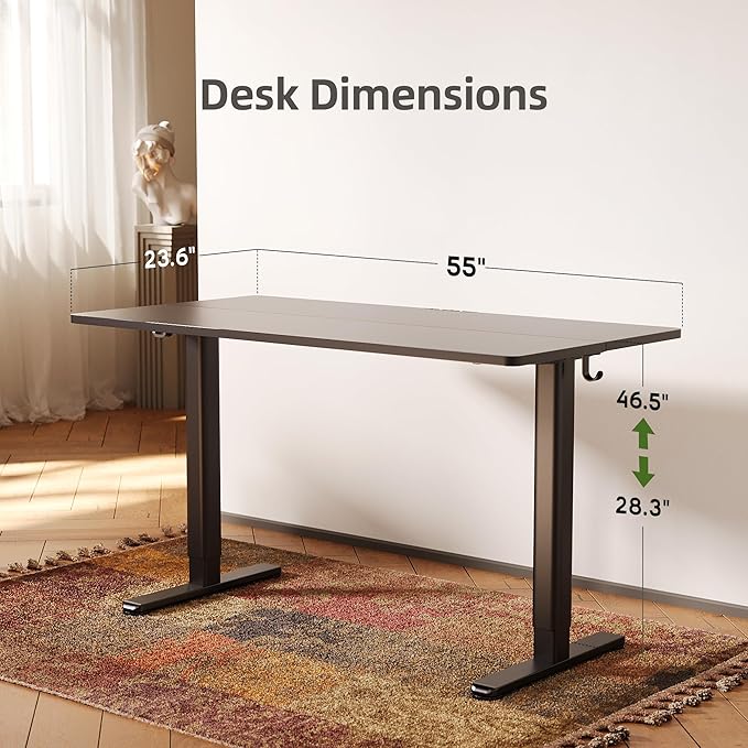 INNOVAR Electric Standing Desk, Adjustable Height Stand up Desks, 55 x 24 Inches Sit Stand up Desk for Home Office Computing, 3-Preset Memory Height Ergonomic Rising Desks, Black
