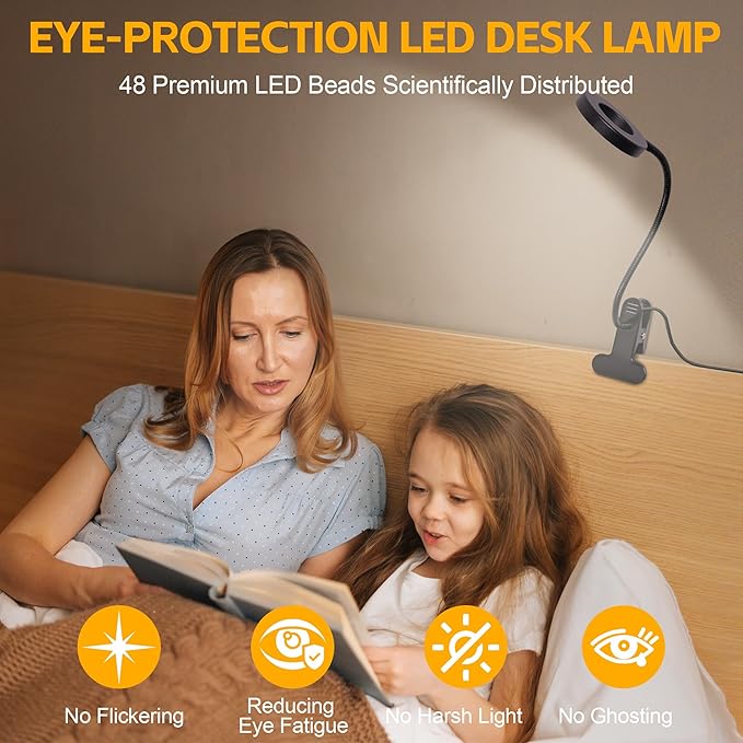 Foneso Desk Lamp Clip on Light with Adapter, 48 LED Reading Lamp with USB Charging Port, 3 Color Mode 10 Brightness Levels, Flexible Gooseneck, Memory Function Clamp Lamp for Home, Office, Makeup