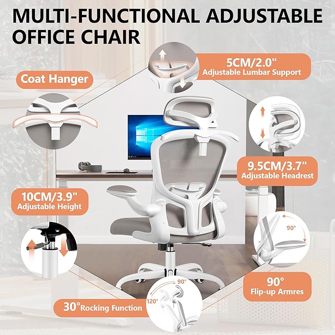 FelixKing Office Chair with Headrest, Ergonomic Desk Chair with Wheels, Task Swivel Comfy Chair with Adjustable Lumbar Support, Breathable Mesh Computer Chair with flip-up Armrests for Home (Gray)