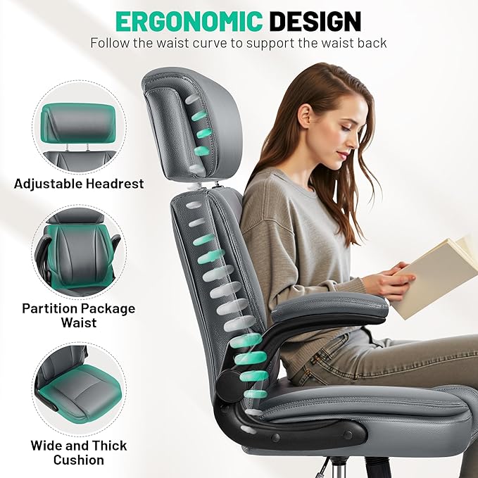 Office Chair, Ergonomic Desk Chair, Executive Leather Office Chairs with Lumbar Support, Adjustable Headrest & Armrests, Big and Tall Computer Chair, PC Chair with Rocking Function