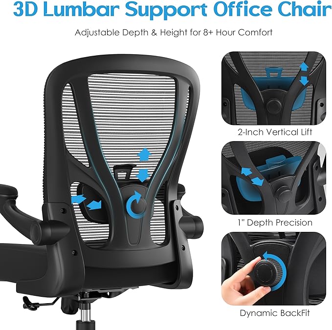 Office Chair Ergonomic Desk Chair - Mesh Computer Chair Breathable Task Chair with Wheels Adjustable Lumbar Support Home Desk Office Chairs with Flip up Armrest Executive Rolling Swivel Black