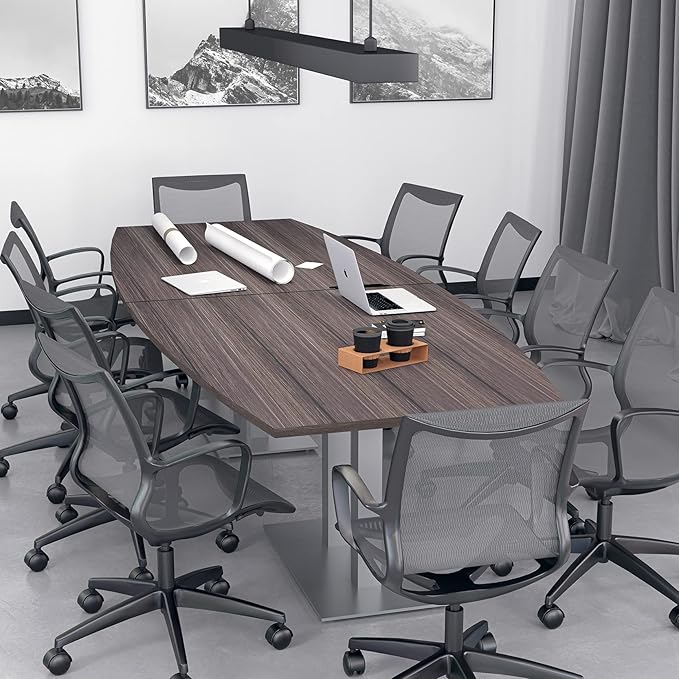 10-Person Boat Shaped Modular Conference Table With Power And Data | Harmony Series | 10' Meeting Room Table | Scratch-Resistant Laminate | Square Metal Bases & Blonde Surfside Ash