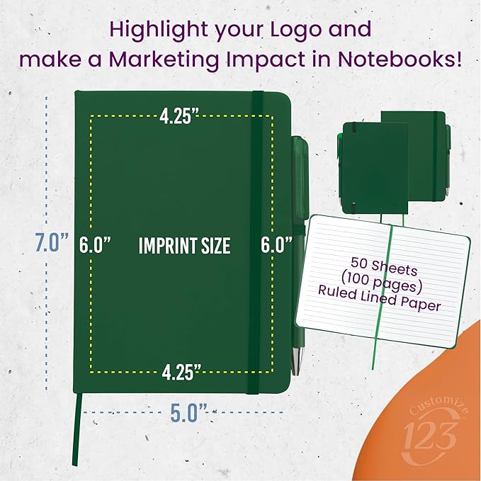 Personalized Notebook Journal – 5” x 7” Customized Notebook with Name, Text or Logo - 100 Page Custom Journal. Leatherette Hardcover & Pen - Green 150 Pack