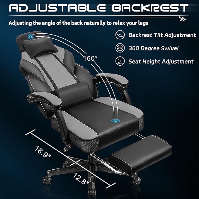 Meilocar Gaming Chair for Adult, Computer Chair with Footrest Video Game Chair Big and Tall Gaming Chair with Massage Lumbar Support, 360° Swivel Seat and Height Adjustable(Grey)