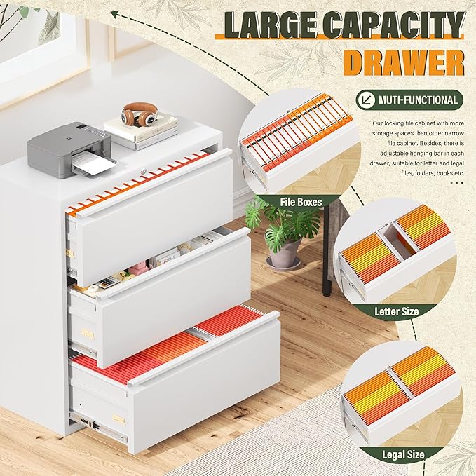 Greenvelly 3 Drawer Lateral File Cabinet with Lock, White Filing Cabinet for Home Office, Locking Metal File Cabinet for Legal/Letter/A4/F4 Size with Hanging Bars&Key
