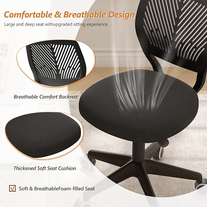 Armless Desk Chair, Height Adjustable Swivel Office Rolling Task Chairs with Soft Mesh Padded Cushion, Ergonomic Small Study Computer Chair for Girls Boys Teens (Black, 4PCS)