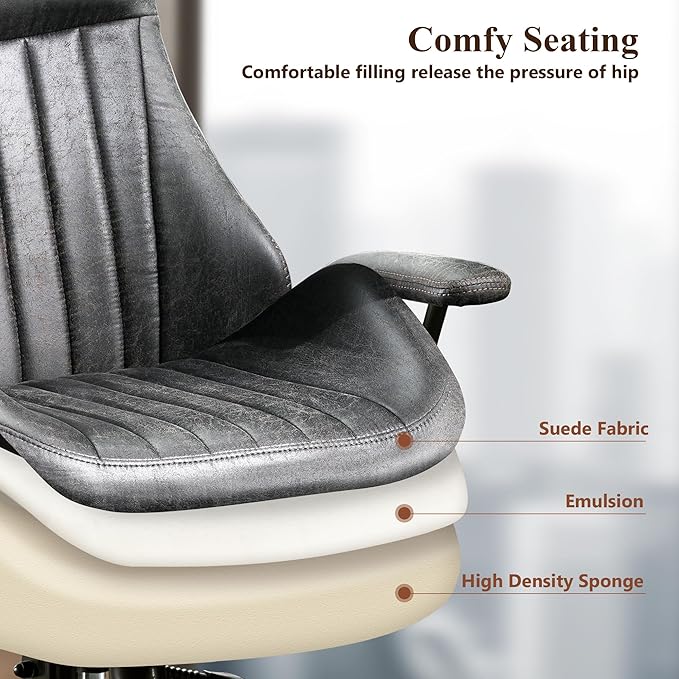 Mid Century Modren Office Chair - Fuax Leather Suede Brown Executive Chairs Ergonomic Mid Back with Lumbar Support, Swivel Computer Desk Task Chair with Wheels for Home Office (Grey, Hign Back)