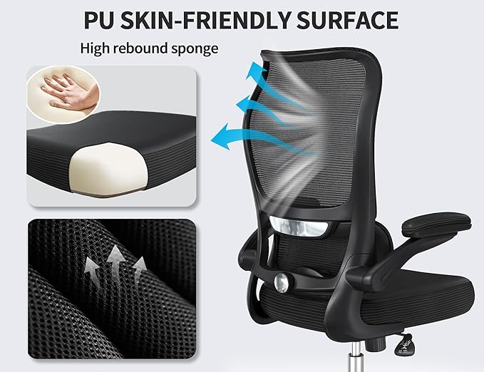TRALT Ergonomic Office Chair - Desk Chair with Wave High Back Adjustable Lumbar Support Computer Chair - Gaming Chairs Mesh Backrest and PU Leather Seat for Home Reading Chairs to Adults(Black)