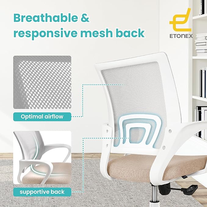 Office Chair with Ergonomic Mid Back Cushion Lumbar Support Adjustable Swivel Rolling Computer Gaming Desk Chair Comfy Mesh Seat Wheels Home Executive Use (1, Beige)