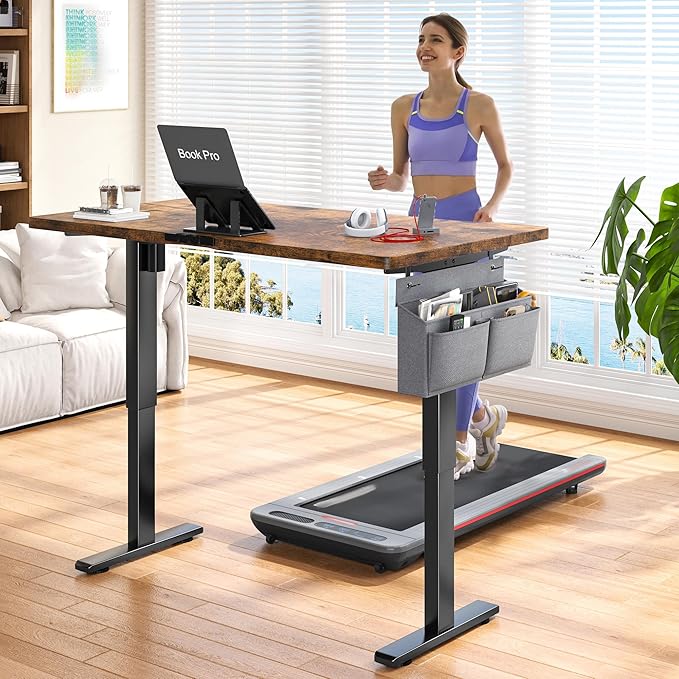 EnHomee 48 Inch Electric Standing Desk, 3 Adjustable Height Stand up Desk for Home Office, Height Adjustable Desks with Detachable Side Mount Pocket, Headphone Hook, Light Strip, Computer Desk, Brown