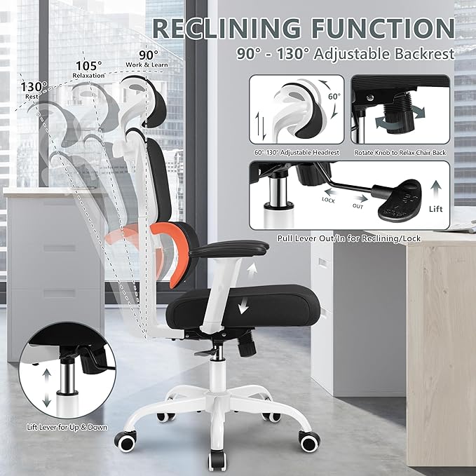 Winrise Office Chair Ergonomic Desk Chair, High Back Gaming Chair, Big and Tall Reclining chair Comfy Home Office Desk Chair Lumbar Support Breathable Mesh Computer Chair Adjustable Armrests(W-Orange)