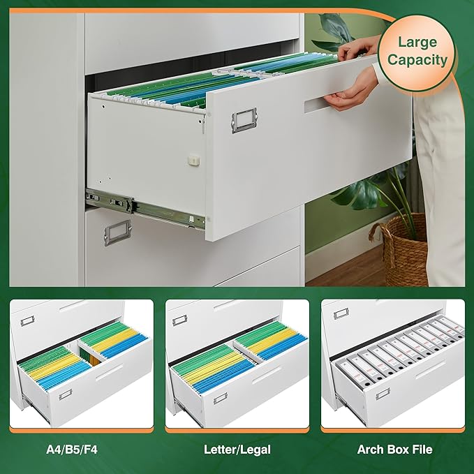 Letaya 4 Drawer File Cabinet with Lock, Metal Lateral Filing Cabinet Wide Office Organization Storage for Home Office Hanging Letter/Legal/F4/A4 (White-Requires Installation)