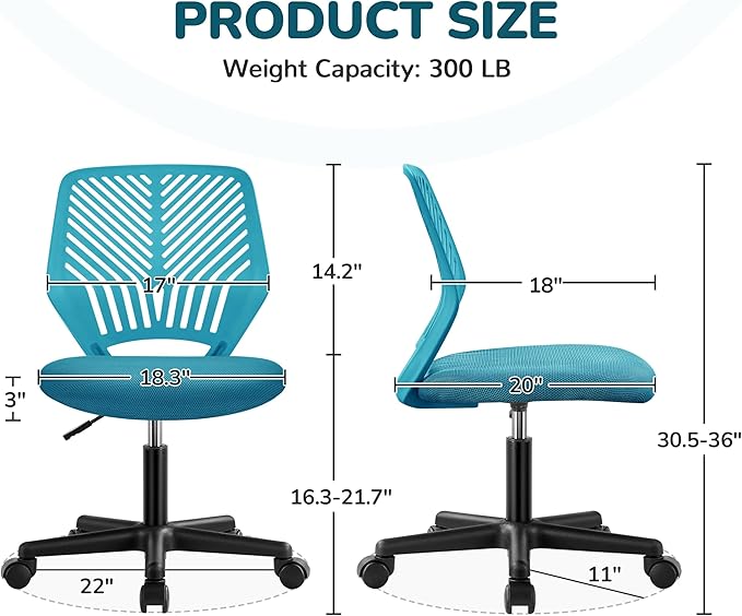 Yaheetech Kids Cute Office Chair Low-Back Armless Study Chair w/Lumbar Support Adjustable Height for Children in Bedroom School, Turquoise