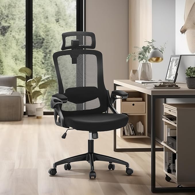 MAISON ARTS Ergonomic Office Desk Chair, Breathable Mesh Computer Chair with Adjustable Lumbar Support, Headrest and Flip up Armrests, Comfortable Task/Executive Chair for Home Office