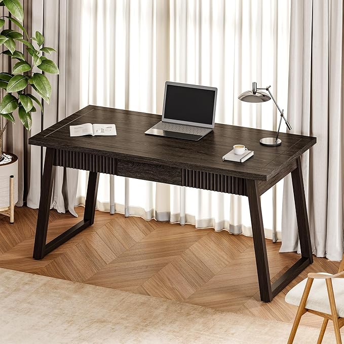 LITTLE TREE 55-Inch Home Office Desk with Drawer, Modern Minimalist Style Wooden Simple Study Writing Table, Mid-Century Log Executive Desk, Computer Desk, PC Laptop Desk Workstation, Dark Brown