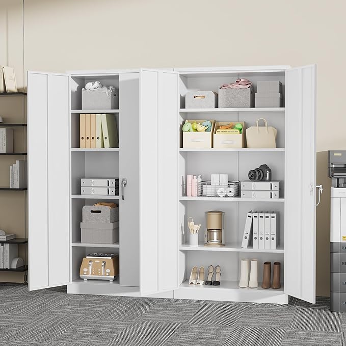 Greenvelly White Metal Cabinet, 72" H Steel Lockable Metal Storage Cabinet with 2 Doors and Adjustable Shelves,Tall Tool Organizer for Office,Home, Garage, Gym, School