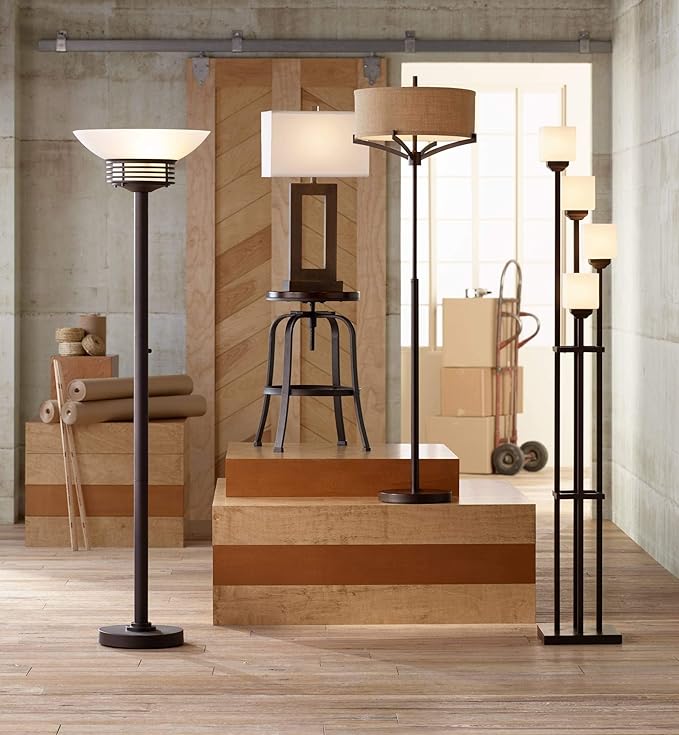 Possini Euro Design Light Blaster Modern Retro Torchiere Floor Lamp Standing 72.5" Tall Warm Bronze White Frosted Glass Bowl Shade Decor for Living Room Reading House Bedroom Home