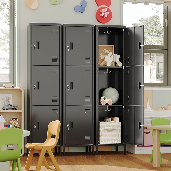 Metal Locker with Hooks and Ventilation Holes,Metal Storage Locker with Keys and Business Card Slof for Home,Gym,Garage,School,Office,66" H×15.75" W× 15.75" D,Assembly Required,Black