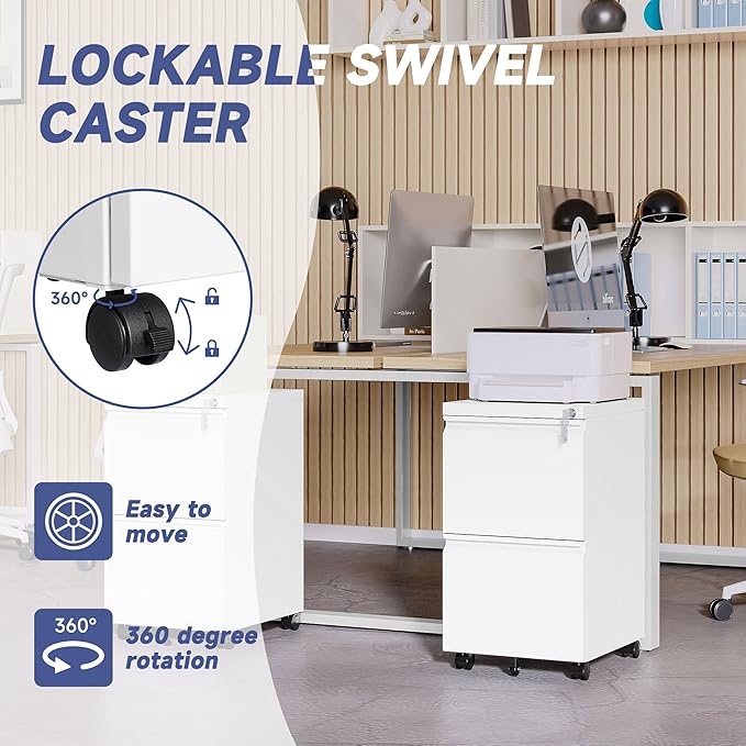 Rolling File Cabinet with Lock, 2 Drawer Metal Mobile Office Filing Cabinet Under Desk for Legal/Letter Size(Assembly Required)