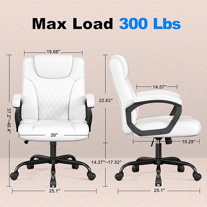 Misolant Office Chair, Executive Desk Chair, PU Leather Comfortable Ergonomic Chairs with Fixed Armrest, Adjustable Height, Rocking Function, 360° Swivel Wheels, White