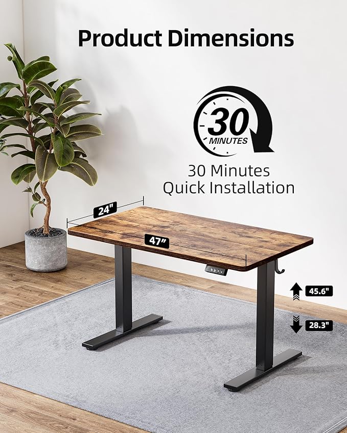 Standing Desk 47 x 24 inch, Electric Height Adjustable with Splice Board, Stand Up Desk, for Home Office, Black Frame/Rustic Brown Top