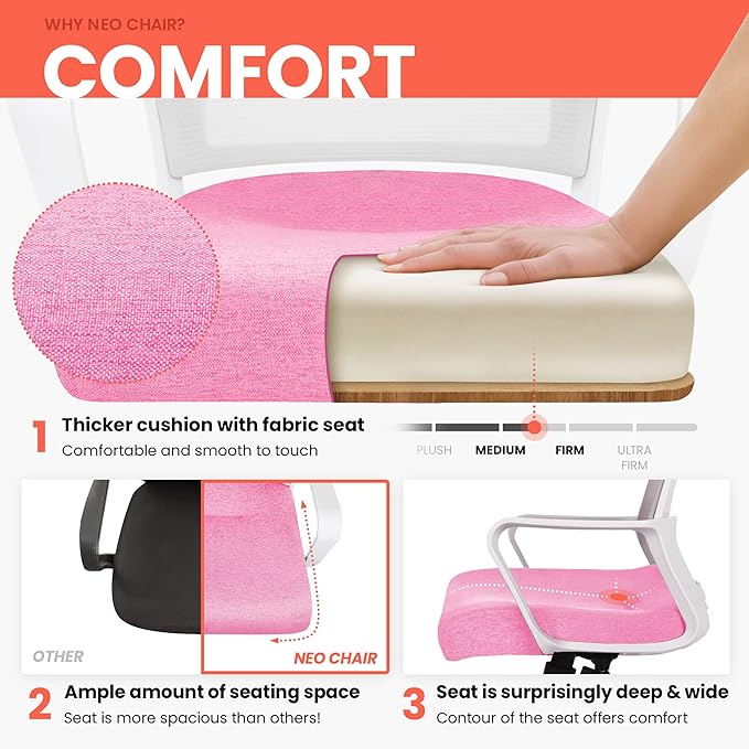 NEO CHAIR Office Chair Gaming Desk Computer Chair Ergonomic Mesh Mid Back with Wheels Lumbar Support Comfy Swivel Adjustable for Home (Pink)