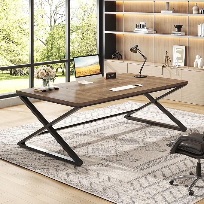IBF Large Computer Desk, 78.7” Extra Long Home Office Desk, Wood Metal Work Desk for Study Writing, Farmhouse Simple Wide Double PC Gaming Computer Table Executive Workstation in Bedroom, Rustic Oak