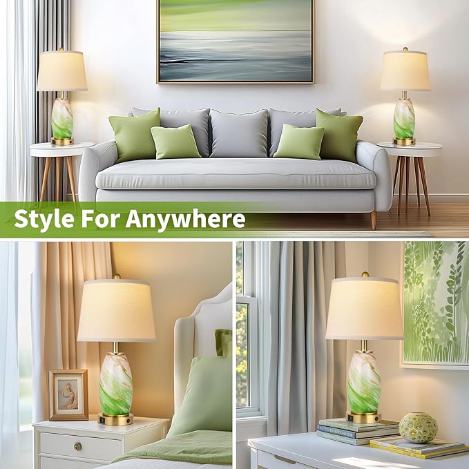 Green Lamps Set of 2 for Bedroom & Bedside with 3-Way Lighting Modes & USB C+A - Modern Style Glass Nightstand Table Lamps for Living Room & Bedroom Decoration (23.5" H)