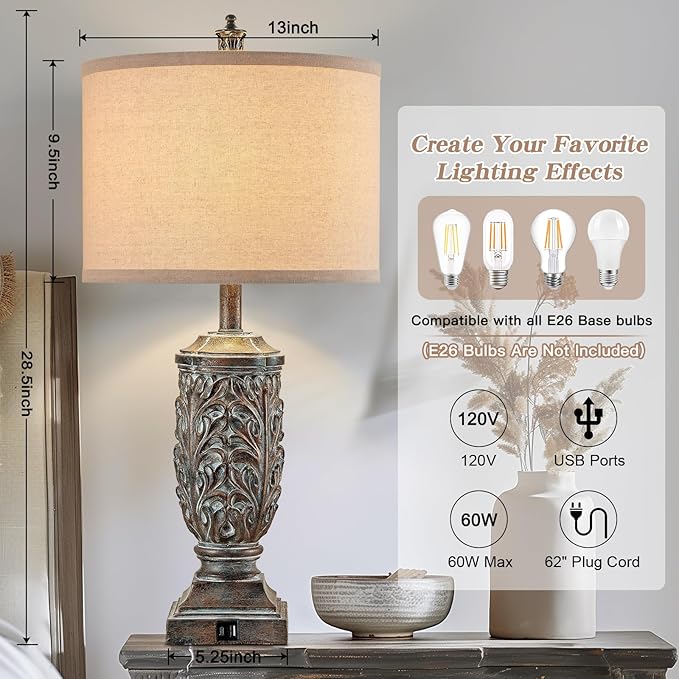 Set of 2 Farmhouse Table Lamps for Living Room, Rustic Vintage Bedside Nightstand Lamp with USB A+C, 28.5" Tall Bronze Leafwork Resin Lamps for Bedroom End Table, Rotary Switch