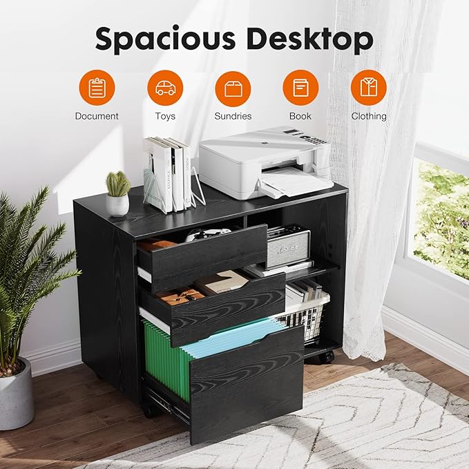 File Cabinet with 3 Drawers, Mobile Lateral Filing Cabinet with Open Storage Shelves for Home Office Under Desk Storage, Black