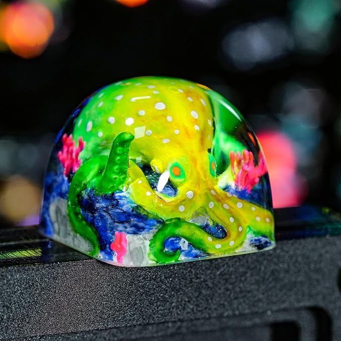 Green Octopus Artisan Keycap DOM Profile Custom Ocean Sea Creatures Keycaps 1U ESC Handmade Gaming Kraken Resin Key Cap Cherry MX Switch Compatible Mechanical Keyboard Octopus Lover Gift