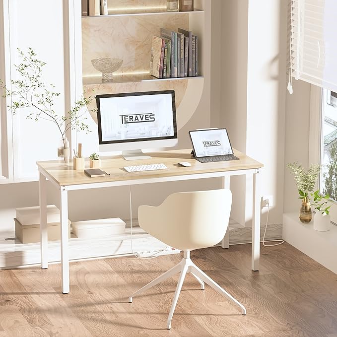 Teraves Computer Desk/Dining Table Office Desk Sturdy Writing Workstation for Home Office(55.11“, Beige + White Frame)
