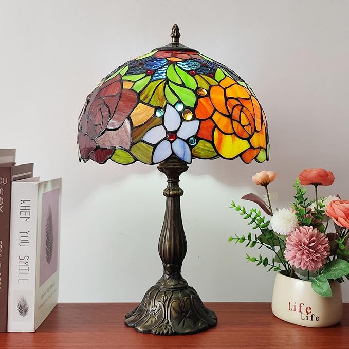 Tiffany Style Table Lamp Rose Flower Pattern Stained Glass Lamp 12X12X19 Inch 3-Way Antique Light for Nightstand Bedroom Living Room Home Office