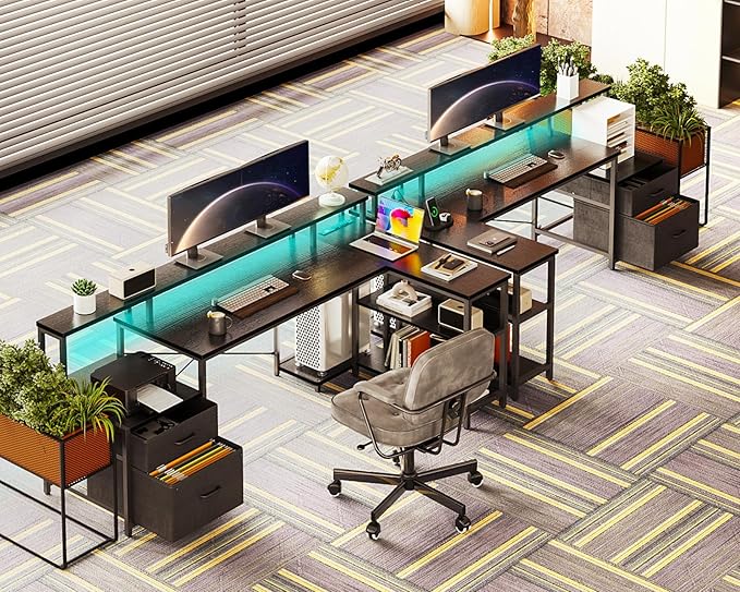 ODK L Shaped Desk with File Drawer, 66" Reversible L Shaped Computer Desk with Power Outlet & LED Strip, Home Office Desk with Storage Shelves, Gaming Desk with Monitor Shelf, Corner Desk, Black