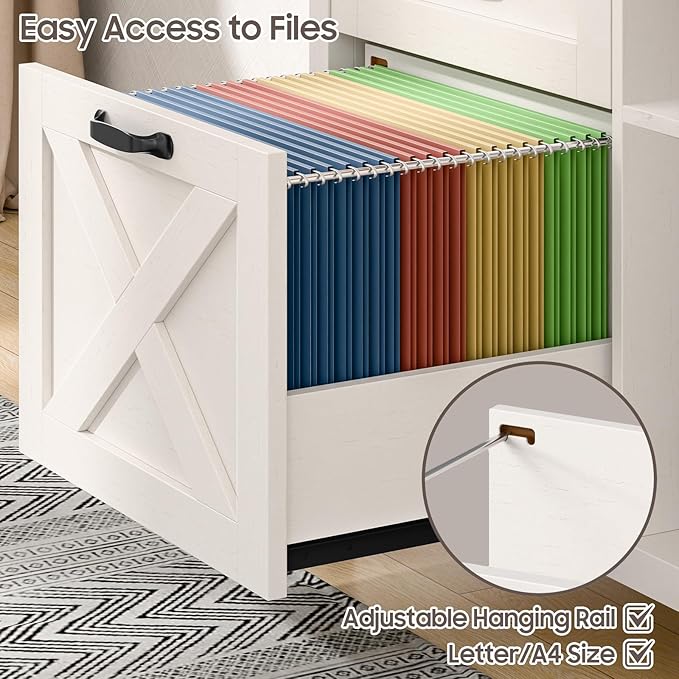 Lateral File Cabinet with 3 Drawers and Door, Farmhouse File Cabinet with Adjustable Shelf for Letter/A4 Size Hanging Files, Printer Stand with Storage Cabinet for Home Office Furniture, White