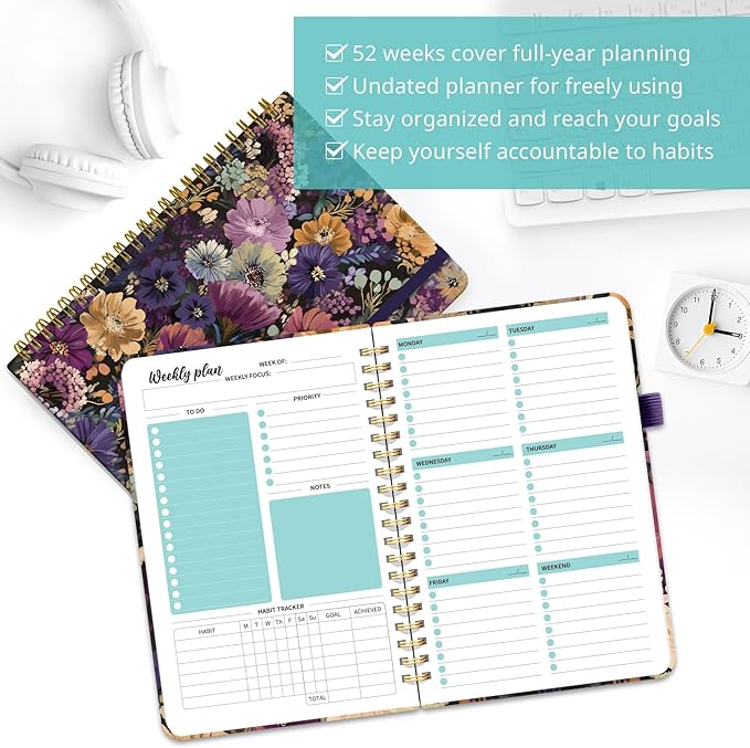 Undated Weekly Planner, Weekly To Do List Notebook with Goal & Habit Tracker Organizer, A5 Weekly Planner Notebook with Spiral Binding, 6.1" x 8.2" - Midnight Bloom