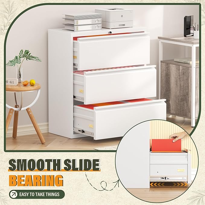 Greenvelly 3 Drawer Lateral File Cabinet with Lock, White Filing Cabinet for Home Office, Locking Metal File Cabinet for Legal/Letter/A4/F4 Size with Hanging Bars&Key