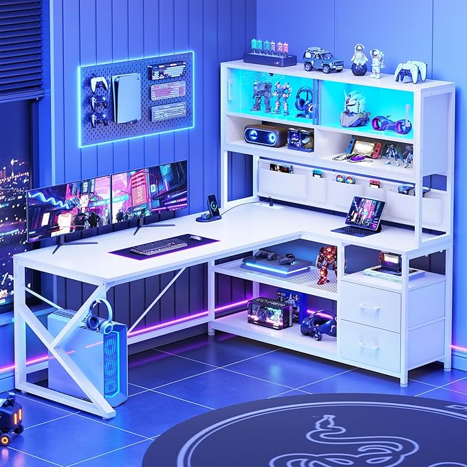 SEDETA L Shaped Gaming Desk, Home Office Computer Desk with 2 Drawer and Bookshelf, L Shaped Gaming Corner Desk with LED Light, Glass Cabinet,Storage Bag and Storage Shelves, White