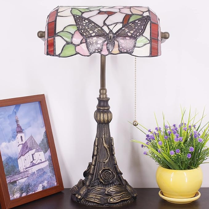 Tiffany Banker Lamp Small Stained Glass Table Lamp Tiffany Style Piano Light Desk Lamp Angle Adjustable 10.6X15.7 Inch for Home Office Living Room Bedroom (Butterfly in Flower Style)