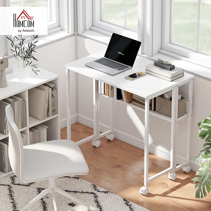 HOMCOM Small Folding Desk, Rolling Computer Desk Foldable with Storage Bag and Shelf, 31.5" Portable Writing Table on Wheels for Small Spaces, Home Office, Study, Easy Assembly, White