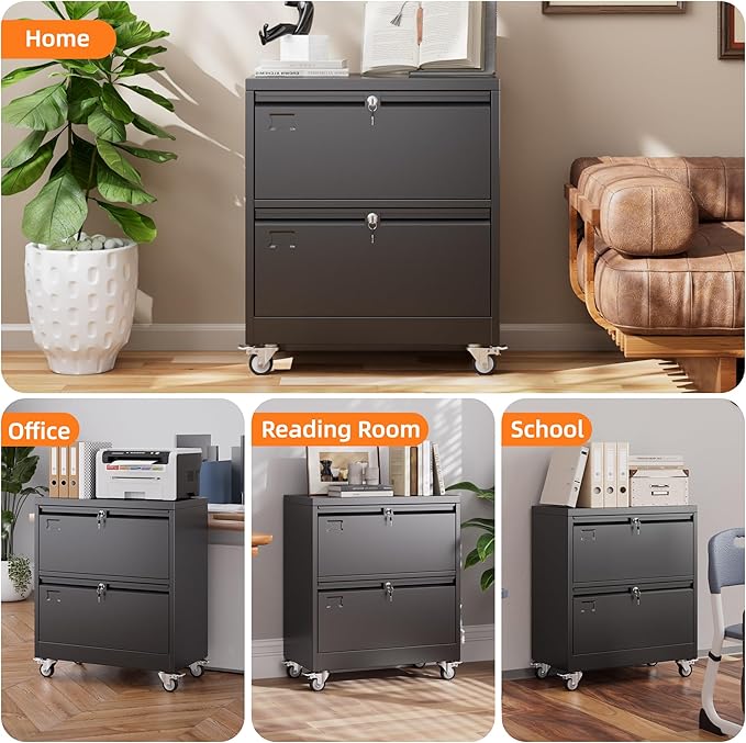 METAN Upgrade 2 Drawers Lateral File Cabinet on Wheels,Steel Office Filing Storage Cabinet with 2 Locks,Assembly Required,Black