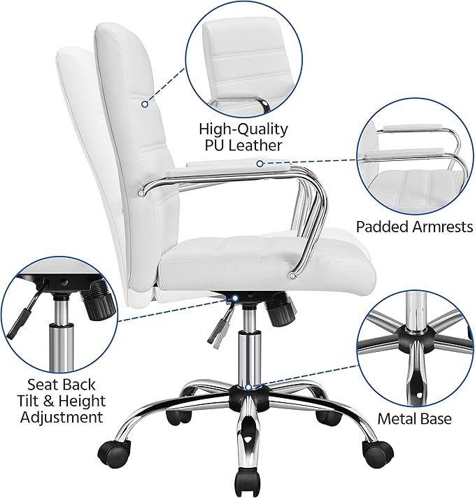 Yaheetech Office Desk Chair Mid-Back Leather Computer Chair Height Adjustable Ergonomic Executive Chair w/Lumbar Support Comfy Thick Padded Armrests and Seat, White