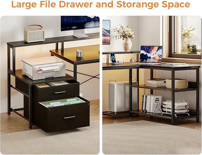 ODK L Shaped Desk with File Drawer, 66" Reversible L Shaped Computer Desk with Power Outlet & LED Strip, Home Office Desk with Storage Shelves, Gaming Desk with Monitor Shelf, Corner Desk, Black