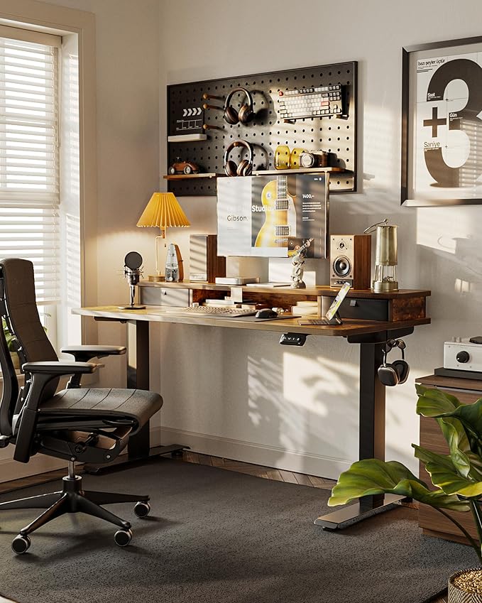 FEZIBO 60 x 24 Inch Height Adjustable Electric Standing Desk with Double Drawer,Computer Desk, Home Office Stand Up Table with 4 Height-Adjustable Feets & 2 Hooks, Rustic Brown