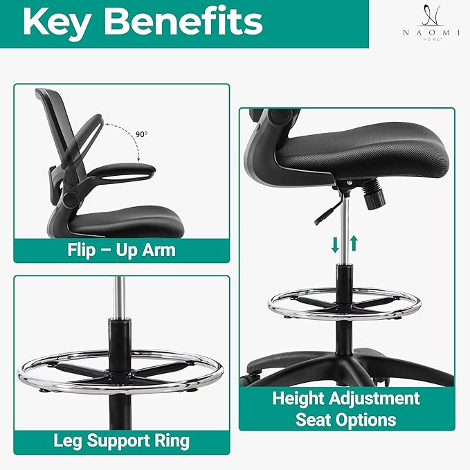 Serena Ergonomic Mesh Drafting Chair - Adjustable, Breathable Mesh, Lumbar Support, Ergonomic and Height Adjustable Flip-Top Office Chair with Foot Ring and Productivity - Gray